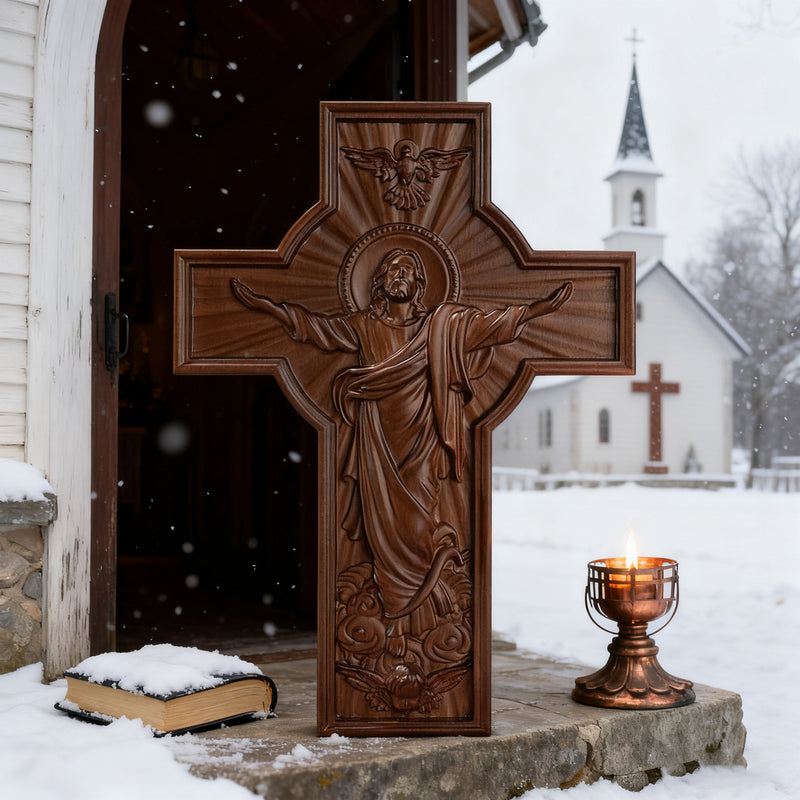 Ascension of Jesus wood carving cross