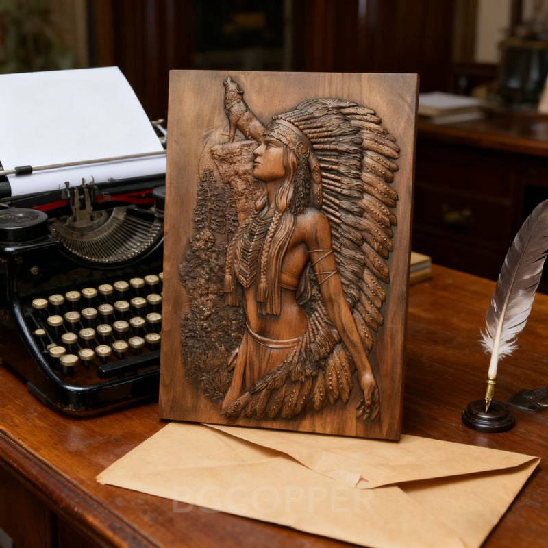 Native American Woman Wood Carving - Hand-Carved Solid Wood Art - Indigenous Home Decor