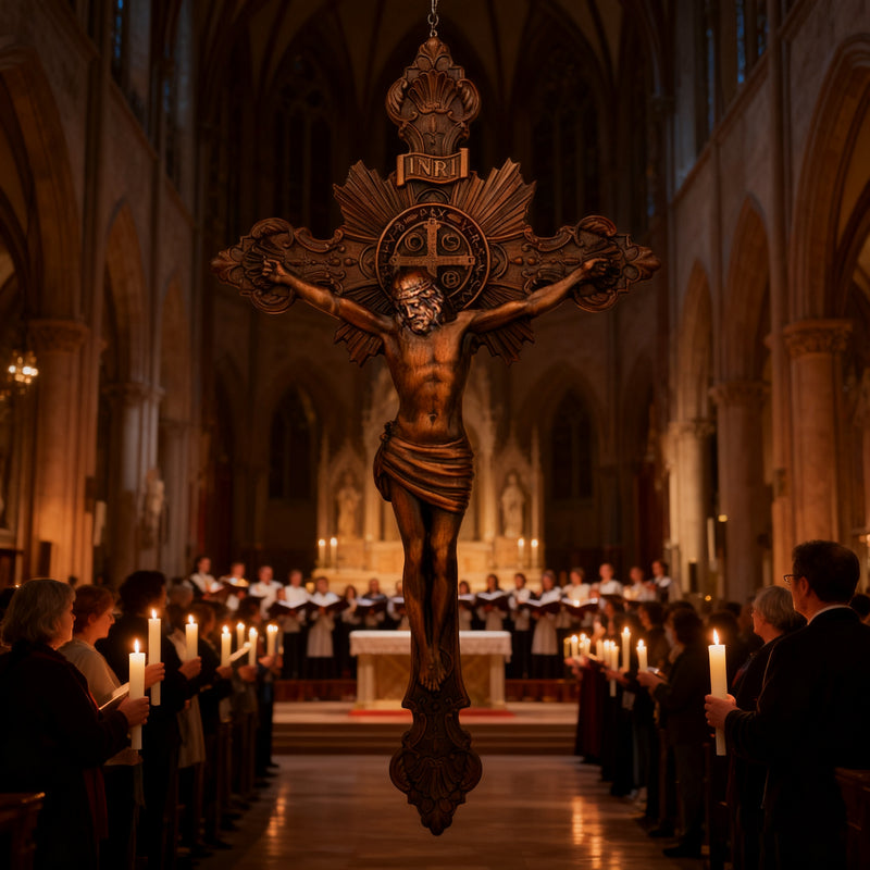 Wood Carving of Jesus Cross with St. Benedict's Exorcism