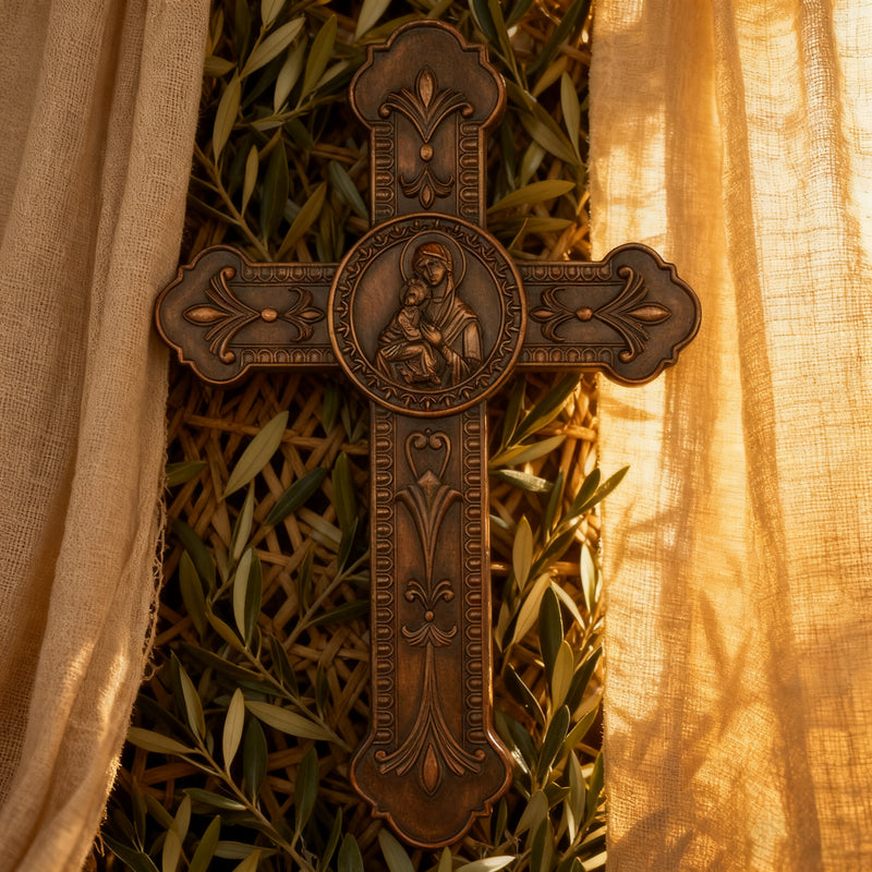 Wooden crucifix of the Virgin, Virgin Mary, Baby Jesus, religious wooden icon, wall crucifix, wall decoration