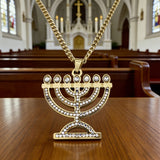Stainless Steel Crystal 7-Branch Menorah Pendant: A Sacred Jewish Heritage Necklace