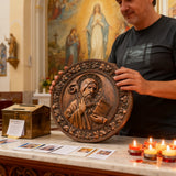 Saint Benedict religious icon, natural wood carved wall decoration