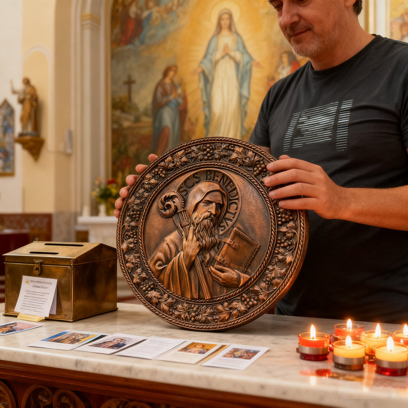 Saint Benedict religious icon, natural wood carved wall decoration