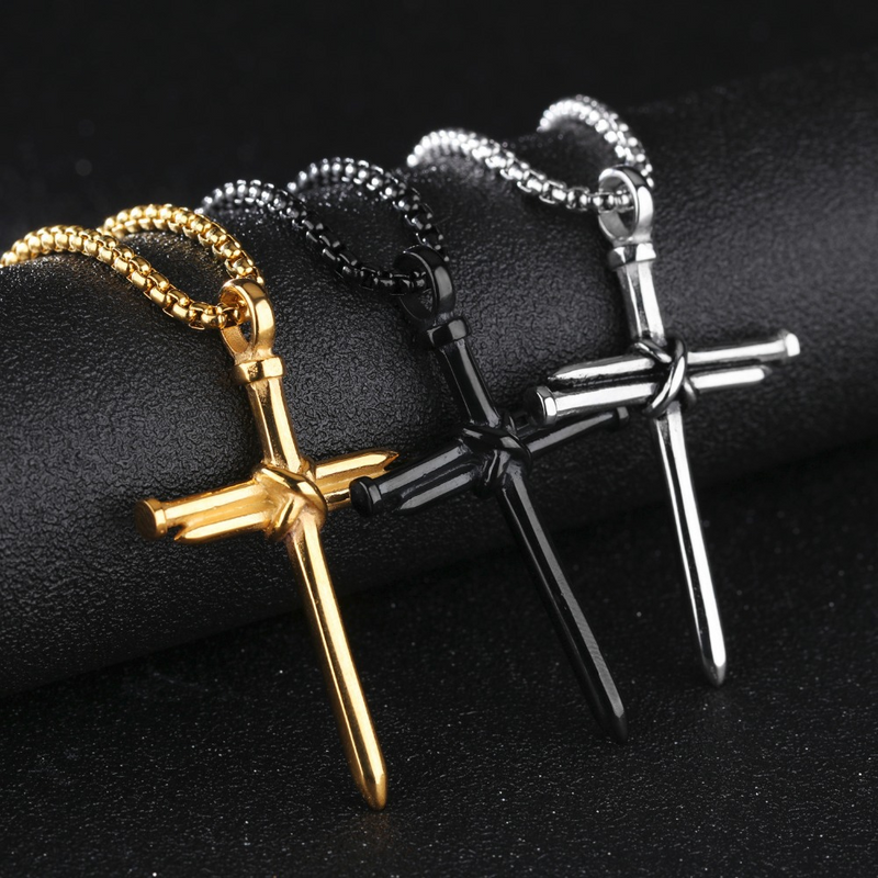 Stainless Steel Gold, Silver and Black Cross Necklace