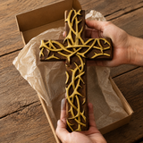 Hand-Carved Beechwood Crown of Thorns Wall Cross - design detail