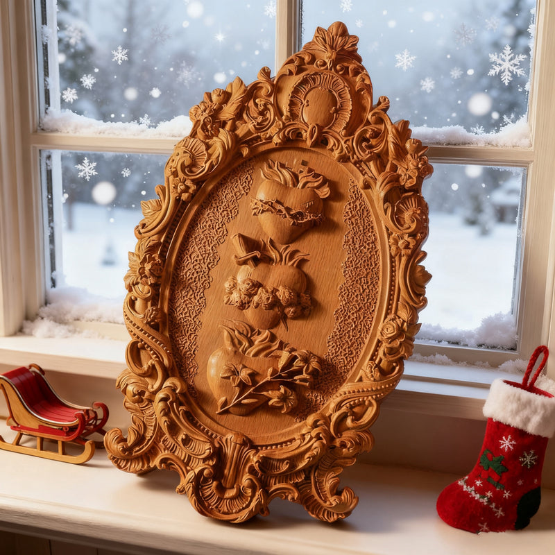 The Holy Family Sacred Hearts Triptych - Hand-Painted Wood Carving