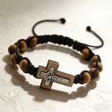 8mm Pine Wood Bead Cross Bracelet | Adjustable Catholic Rosary Bracelet