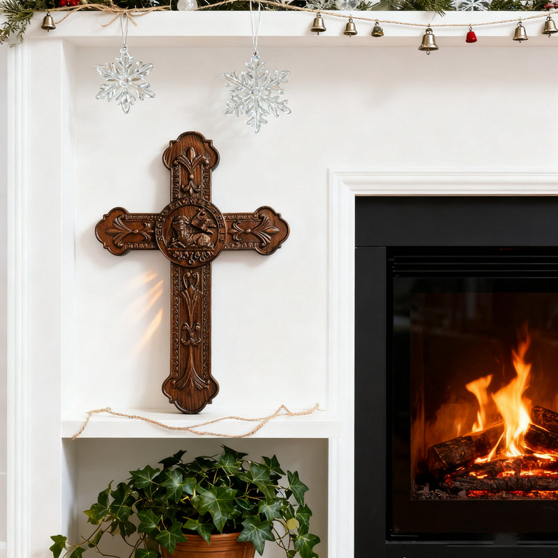 Bgcopper Lamb of God Wood Carving Cross Wall Decor - Paschal lamb