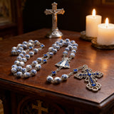 Our Lady & Cross Rosary: 8mm Blue Floral Acrylic Beads with Alloy Chain