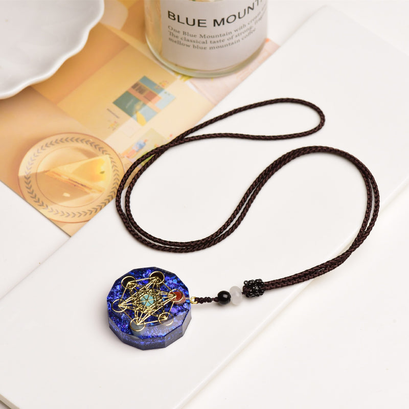 Metatron Tesseract Necklace, Epoxy Stone Sacred Geometry Pendant, Spiritual Protection Medal