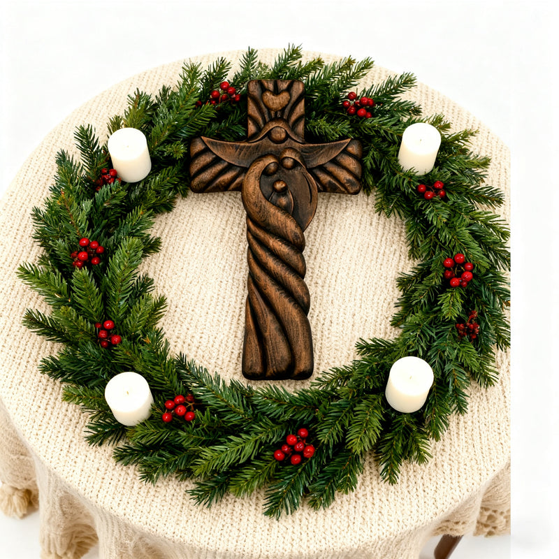 Holy Family wood icon decoration, Joseph, Mary, Baby Jesus, carved wooden cross, wall decoration