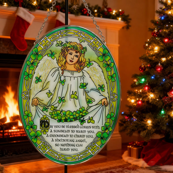 "Shamrock Angel" Stained Glass Suncatcher – A Blessing of Protection & Joy