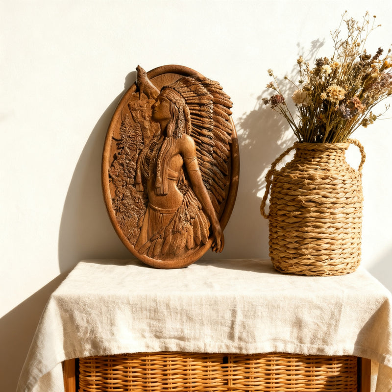 Native American Woman Wood Carving - Hand-Carved Solid Wood Art - Indigenous Home Decor