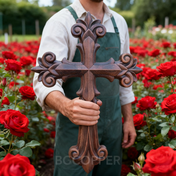 Bgcopper Ornate Wooden Cross - Carved from natural wood