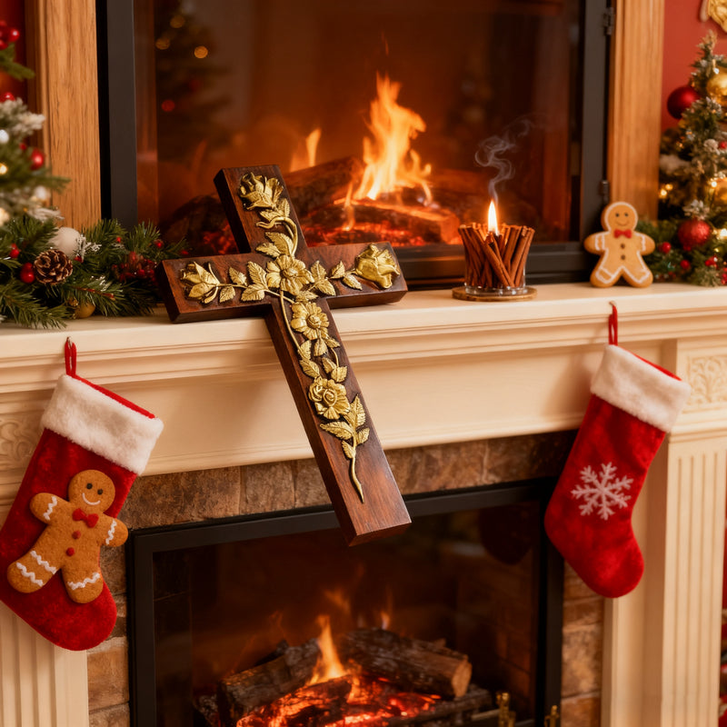 Hand-Carved Rose Cross Wall Art ✝️🌹 | Solid Beechwood Christian Decor with Golden Flowers