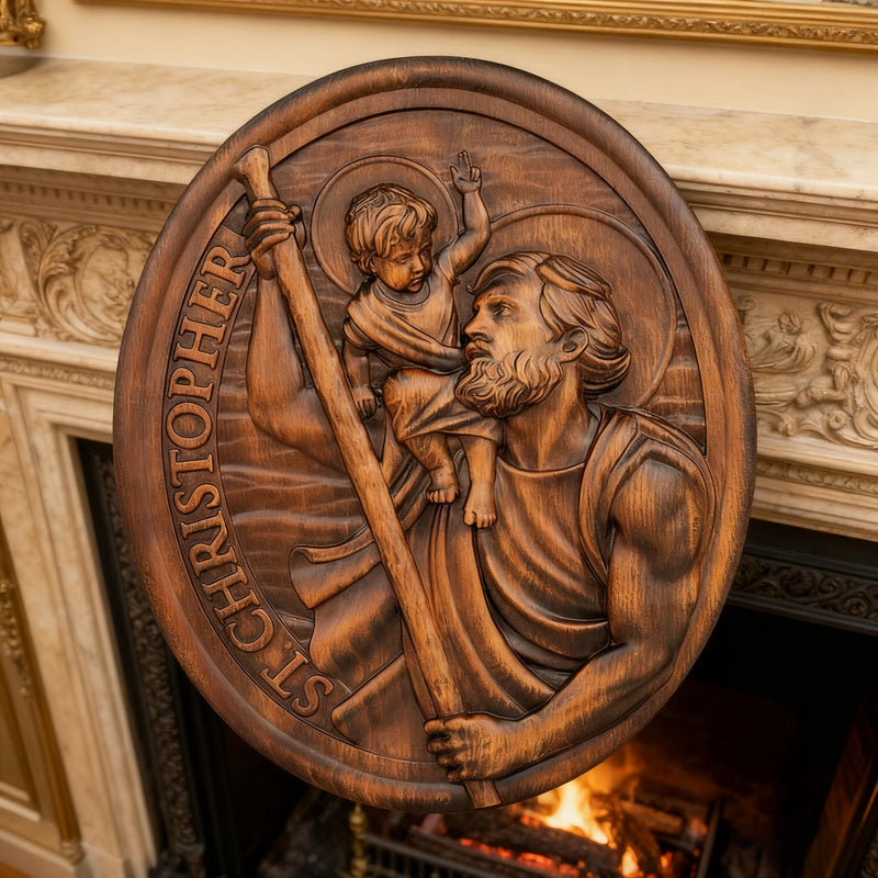 St.Christopher Christian Wood Carving Plaque/The patron saint of travelers