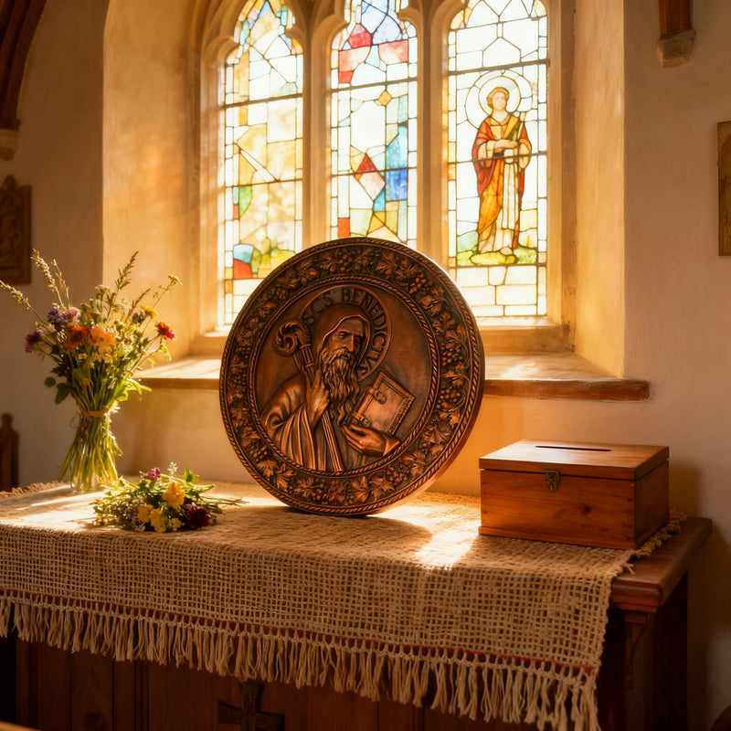 Saint Benedict religious icon, natural wood carved wall decoration