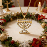 Stainless Steel Crystal 7-Branch Menorah Pendant: A Sacred Jewish Heritage Necklace