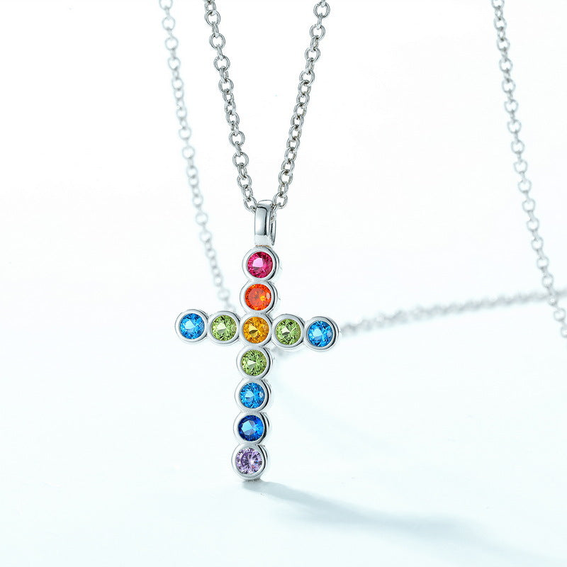 925 Sterling Silver Cross Pendant Necklace With Multicolor Cubic Zirconia Inlay - Gift for LGBTQ