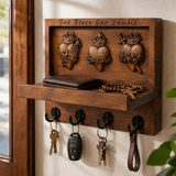 Hand-Carved Sacred Hearts Wooden Key Holder – God Bless Our Family Wall Organizer