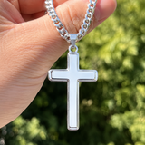 Minimal Polished Stainless Steel Cross Necklace, Classic Plain Cross Pendant with Cuban Chain, Religious - design detail