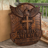 God Bless America Wooden Wall Plaque – Hand-Carved Beechwood Eagle Cross Decor, 1776–2026 250th Anniversary