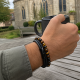 Triple Strand Natural Tiger Eye & Lava Rock Braided Leather Men’s Bracelet