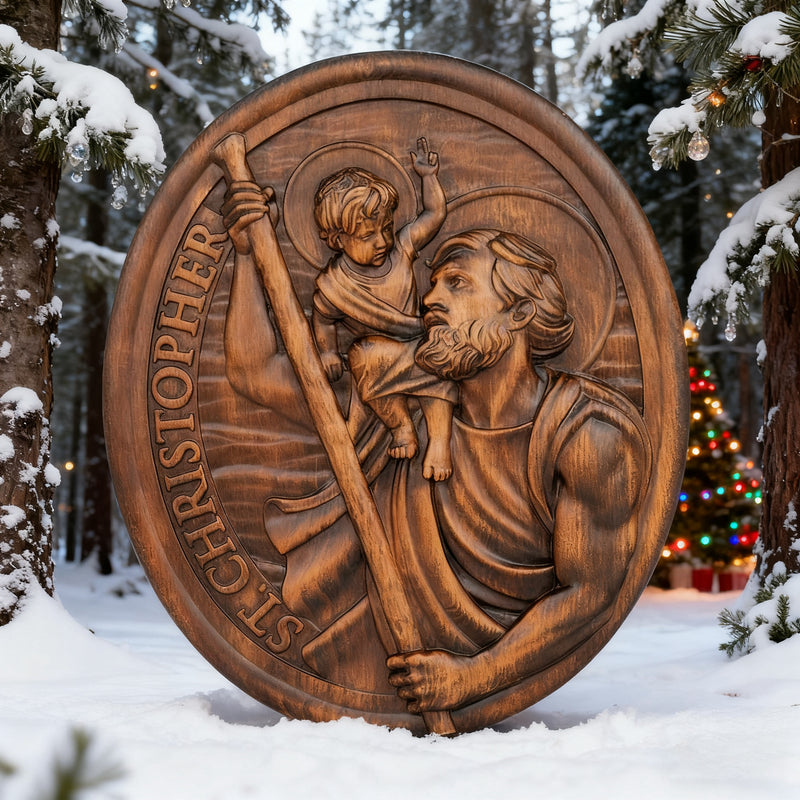 St.Christopher Christian Wood Carving Plaque/The patron saint of travelers