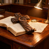 Holy Family wood icon decoration, Joseph, Mary, Baby Jesus, carved wooden cross, wall decoration