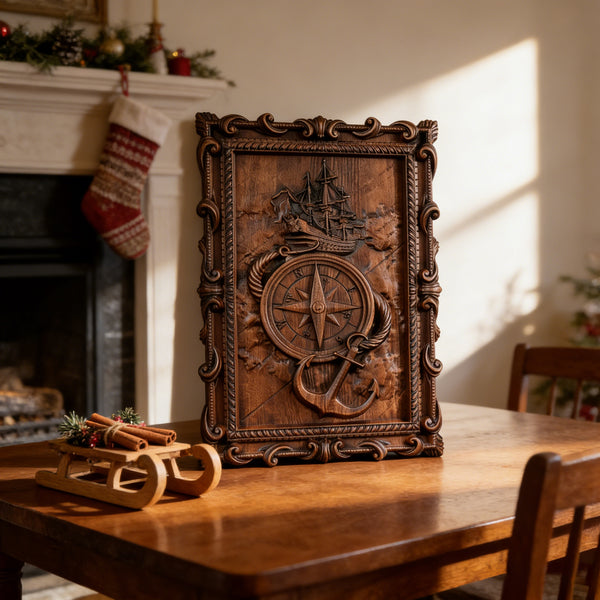 Nautical Compass & Anchor Hand-Carved Wood Wall Art: Adventure Woven in Beechwood