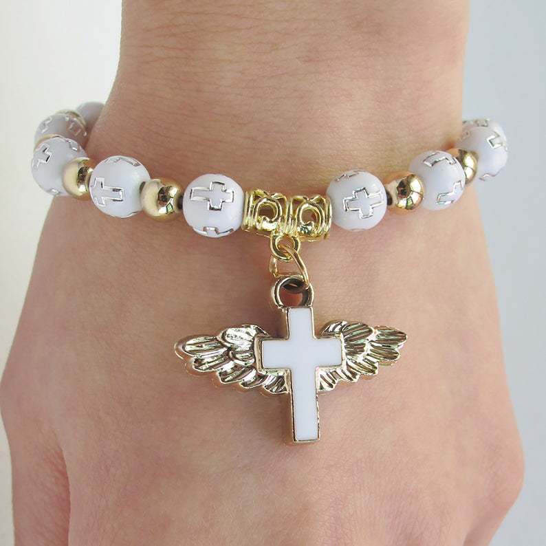 Angel Wing Cross Rosary Bronzing Acrylic Baptism Stretch Beaded