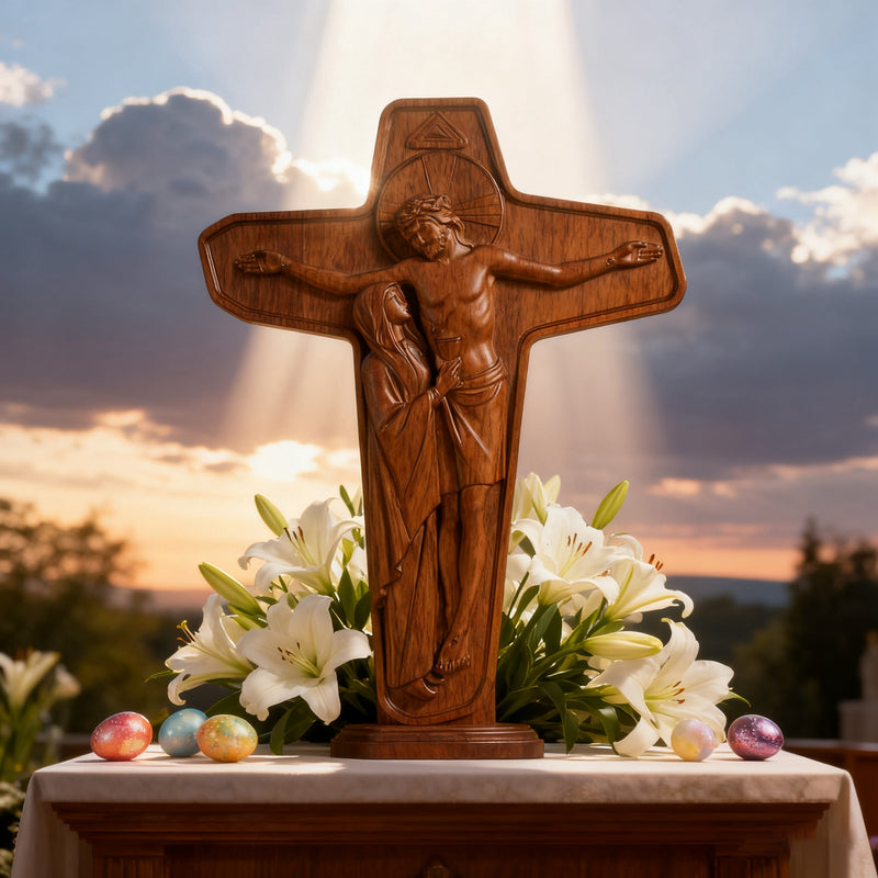 🕯️ Joan of Arc Cross Wood Carving – Our Lady of Sorrows / Crucifix