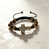 8mm Pine Wood Bead Cross Bracelet | Adjustable Catholic Rosary Bracelet