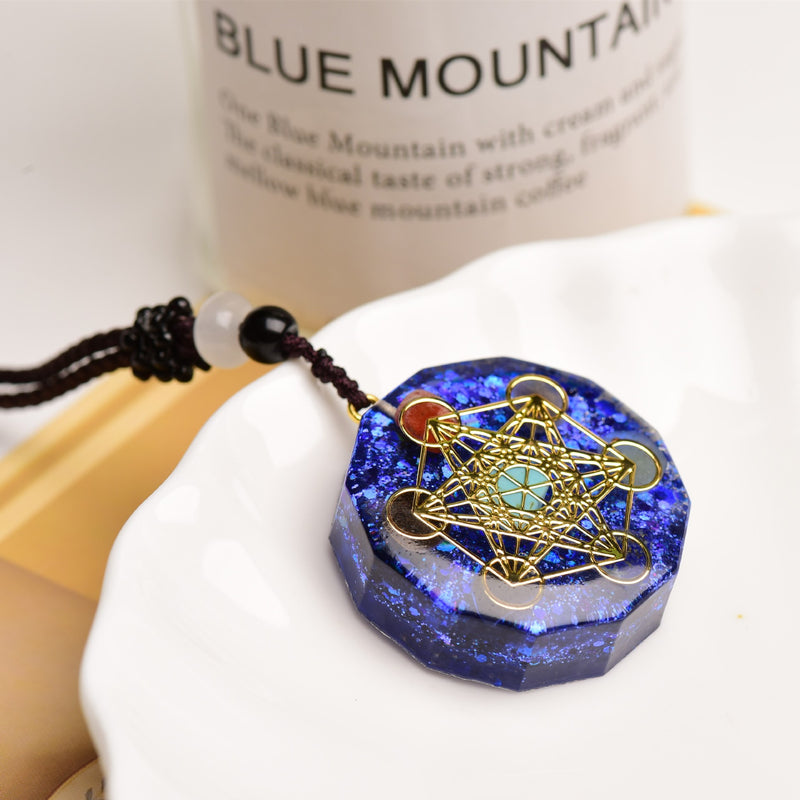 Metatron Tesseract Necklace, Epoxy Stone Sacred Geometry Pendant, Spiritual Protection Medal