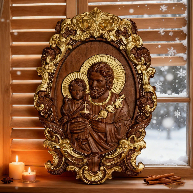 “St. Joseph & Child Jesus” Hand-Carved Wood Icon – A Timeless Christian Gift for Father’s Day & Faithful Homes
