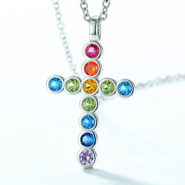 925 Sterling Silver Cross Pendant Necklace With Multicolor Cubic Zirconia Inlay - Gift for LGBTQ