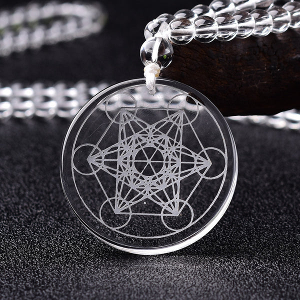 White Crystal Metatron Tesseract Necklace, Spiritual Protection Medal