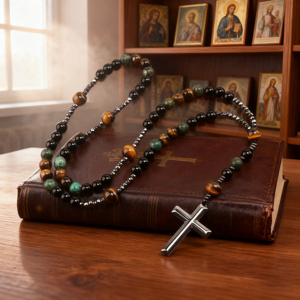 New African pine yellow tiger eye vintage natural stone long cross rosary necklace