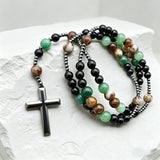 Natural Stone Rosary Cross Necklace – Faith, Earth & Timeless Devotion