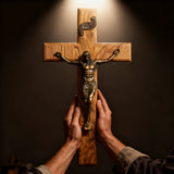 【Holy City Wood】Handcrafted Olive Wood Cross with Bronze Christ Statue A Devotional Companion for Prayer A Collectible Gift of Distinction