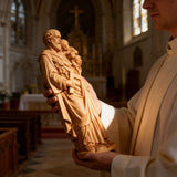 Beechwood roundel of Joseph holding a child: sacred heritage, warmth and eternity
