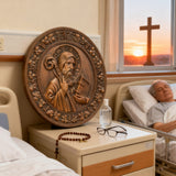 Saint Benedict religious icon, natural wood carved wall decoration