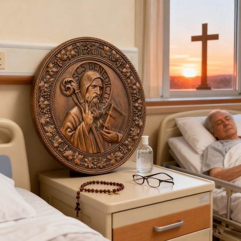 Saint Benedict religious icon, natural wood carved wall decoration