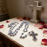 Our Lady & Cross Rosary: 8mm Blue Floral Acrylic Beads with Alloy Chain