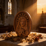 Our Lady in Tears and Prayer with a Nine-Star Halo — Hand-Carved Beechwood Statue
