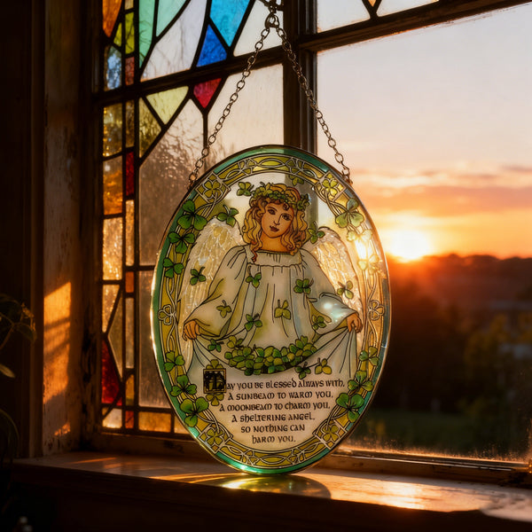 "Shamrock Angel" Stained Glass Suncatcher – A Blessing of Protection & Joy