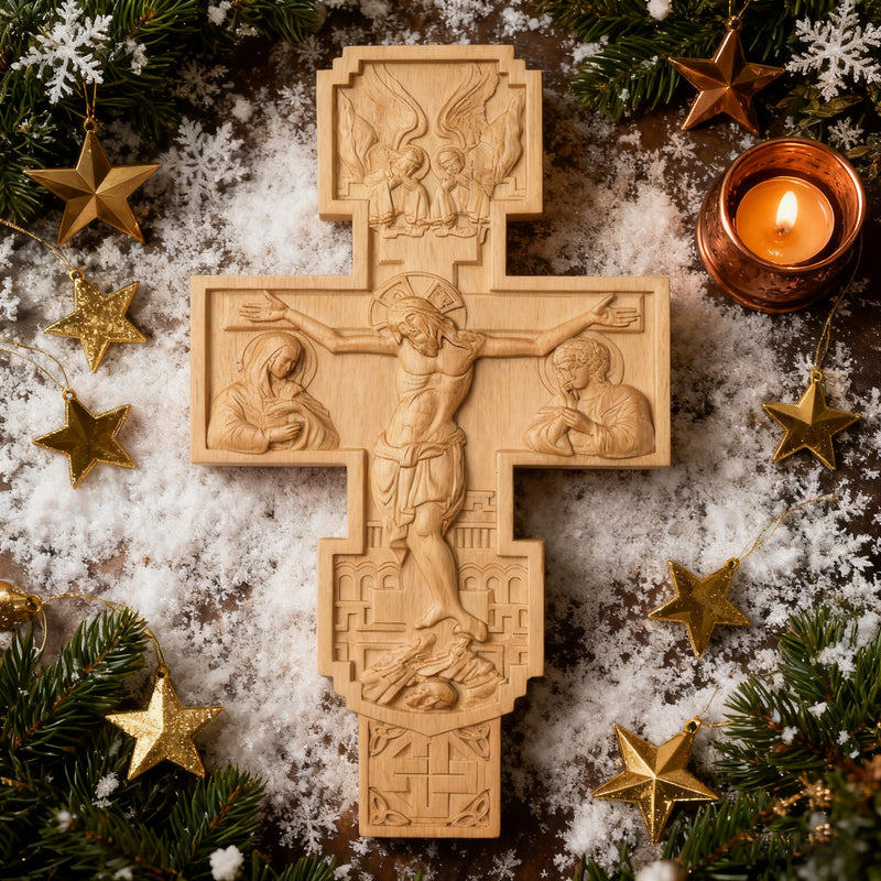 Hand-Carved Beechwood Religious Cross: A Sacred Artistic Testament to Christian Faith