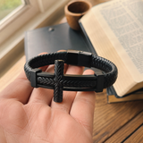 Wheat‑Textured Cross Titanium Steel Braided Leather Men’s Bracelet