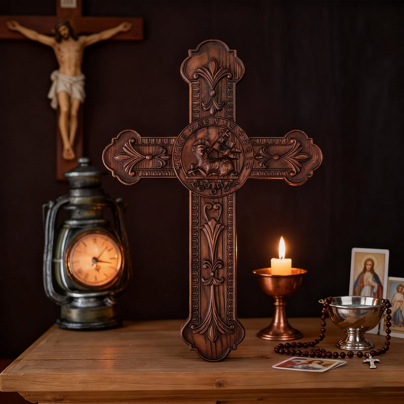 Bgcopper Lamb of God Wood Carving Cross Wall Decor - Paschal lamb
