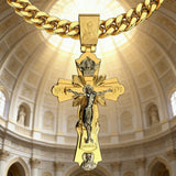 Gold-Plated Copper Crucifix Pendant with Jesus Christ and Religious Figures